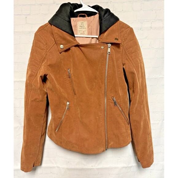 We The Free People Women’s Medium black Hood Tan Camel Vegan Leather Moto Jacket - Picture 3 of 9